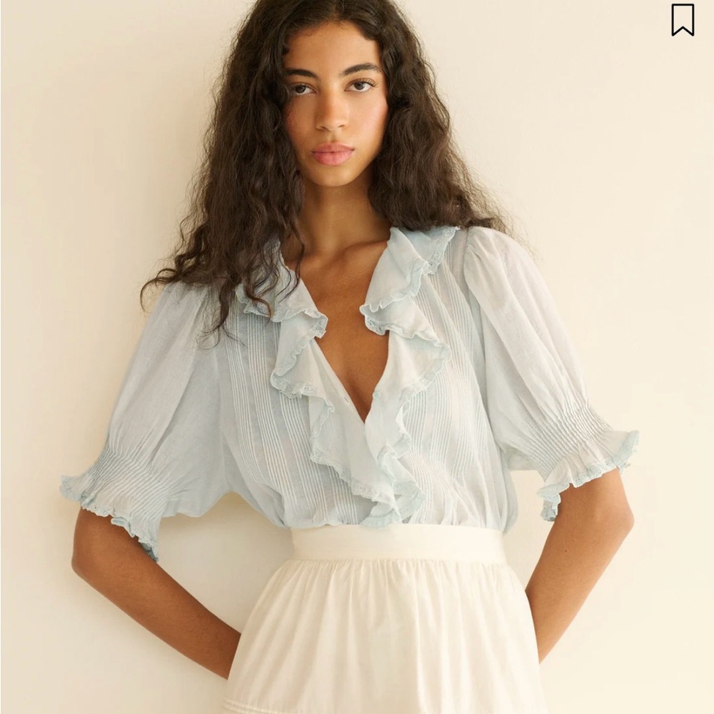 Doen Henri Light Blue Ruffle V-Neck Women's Blouse